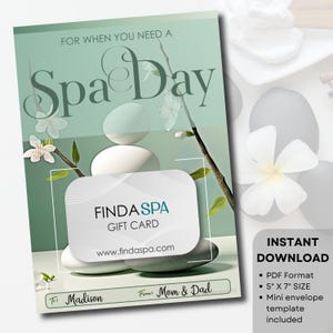 Porte-carte cadeau journée spa, cadeau de dernière minute pour la fête des mères, carte cadeau DIY pour elle, carte de remerciement spacieuse pour professeur, bon cadeau spa, PDF
