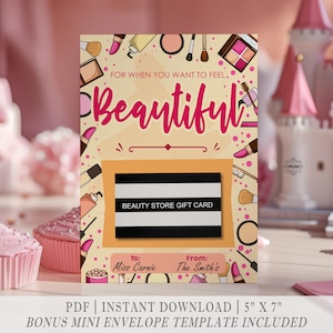 Portatarjetas de regalo imprimible para maquillaje para adolescentes, certificado de tarjeta de regalo para tienda de belleza, regalo para fashionistas adolescentes menores de 30 años, regalo para maestros, PDF