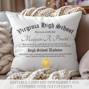 High-School-Abschluss-Diplom-Kissenvorlage bearbeitbare SVG-Digital-Download Sublimationsdruckdesign, College-Abschluss-Vorlage In Canva bearbeiten