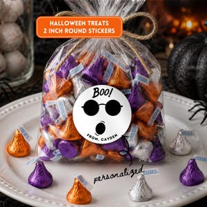 Étiquettes autocollantes personnalisées pour Halloween, motif fantôme de 5 cm de diamètre, pour sachets de friandises, fantôme avec lunettes de soleil, étiquettes pour barres chocolatées et emballages de biscuits, lot de 10