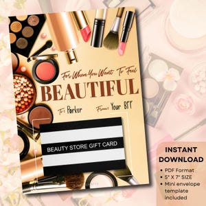 Regalo para una adolescente fashionista menor de 30 años, portatarjetas de regalo de maquillaje para niñas preadolescentes, certificado de tarjeta de regalo de una tienda de belleza, regalo para mamá, PDF