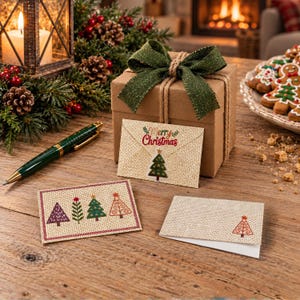 May include: A brown gift box tied with a green ribbon, a green ballpoint pen, and three rectangular cards featuring Christmas tree illustrations. One card is an envelope with the text Merry Christmas, while the others display various tree designs.