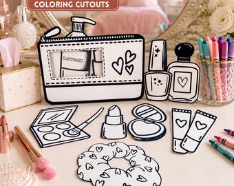 Makeup Coloring Cutouts with Cosmetics Bag, Spa Birthday Party Favor, Tween Girl Activity, Sleepover Craft, Bachelorette Party, 9 Piece Set