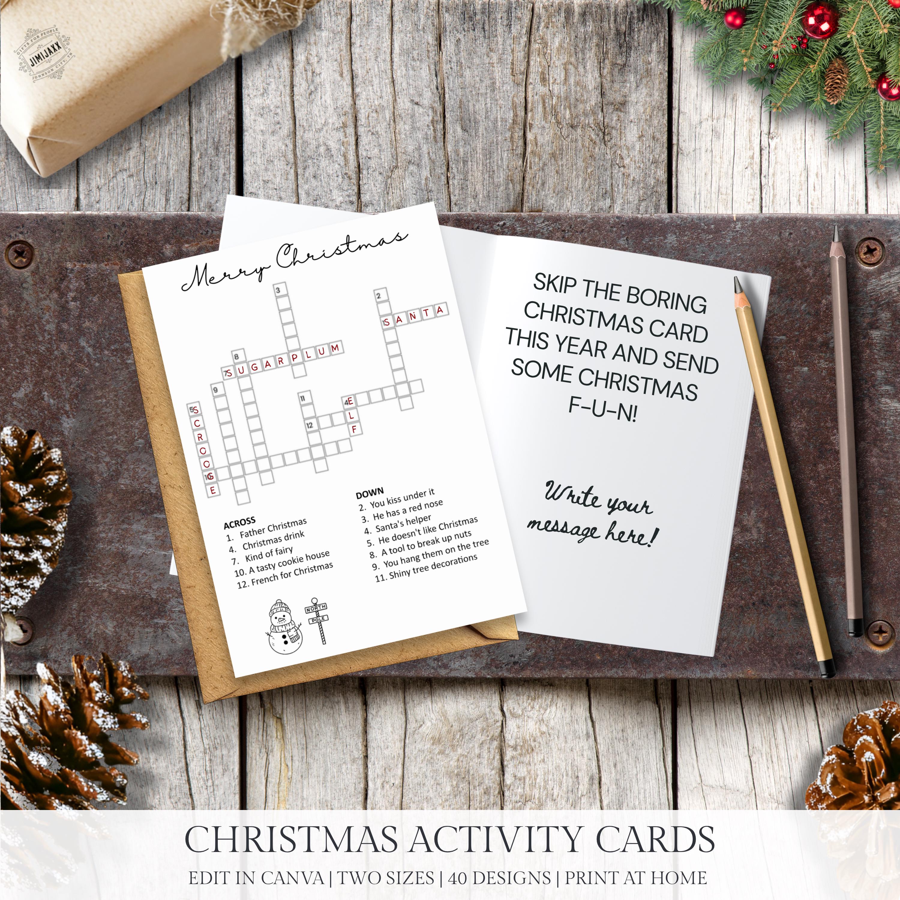 Printable Christmas Cards For Family, Editable Holiday Coloring Pages, Games and Puzzles For Kids, Canva Card Template, 2 Sizes, 40 Designs