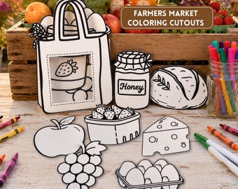 Farmers Market Produce Coloring Cutouts, Kids Birthday Party Favors, Grocery Shopping Pretend Play, Church Group Activity, 9 Piece Set