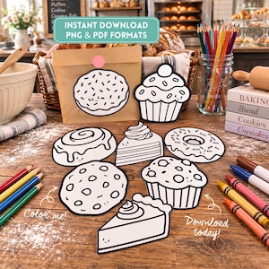 May include: A collection of black and white line art illustrations featuring various baked goods including a cupcake, donut, cookie, cinnamon roll, and cake slices. The set includes text that reads INSTANT DOWNLOAD PNG & PDF FORMATS.