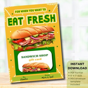 Soporte para tarjeta de regalo imprimible de tienda de sándwiches de un pie de largo, regalo para el primer día de clases para maestros, tarjeta para graduados universitarios, tarjeta de regalo de sándwich