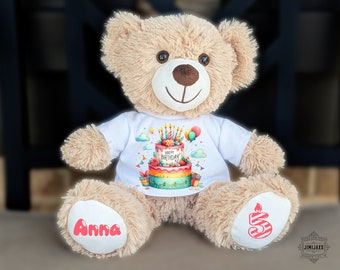 Peluche personalizado de oso de peluche de feliz cumpleaños, oso de cumpleaños personalizado, idea de regalo de 1er cumpleaños para niña, peluches de animales de peluche con nombre, 10 pulgadas