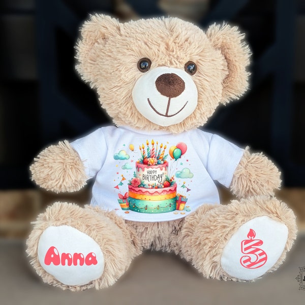 Personalized Happy Birthday Teddy Bear Plush, Custom Birthday Bear, 1st Birthday Gift Idea For Girl, Stuffed Animal Plushies With Name, 10in