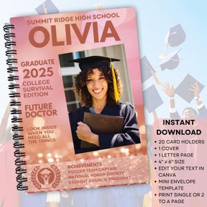 Afstudeercadeaukaart boek voor haar, Class of 2025 Magazine Cover Graduate Presentatie, College Survival Kit, afdrukbaar, bewerkbaar, maat 4 x 6