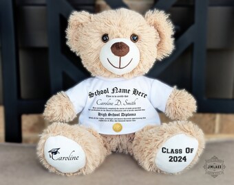 Personalized Graduation Teddy Bear Gift Box, Unique Graduation Gifts For Her, Senior Class of 2024 Shirt For Bear, High School Diploma, 10in