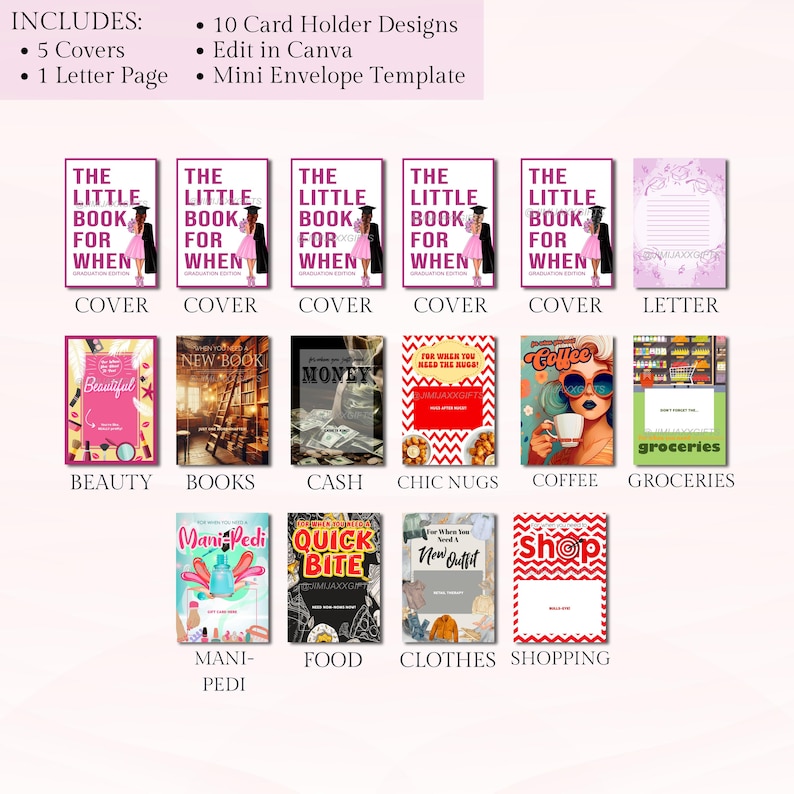 DIY High School Graduate Gift Card Book For Her, College Survival Kit, Printable Grad Gift, Instant Download, Editable In Canva, Size 5x7 Graduation Cards, Grad Gift Under 20, EDITABLE Canva Template Download, Custom Gift Card Holders, For When Cards From Parents, Gift Card Book For Graduate, 2025 Graduation Present, The Little Book For When, Graduation Printable For Her, Mini Envelope Template, Digital Gift Card Book, Graduation Canva Template, Jimijaxx