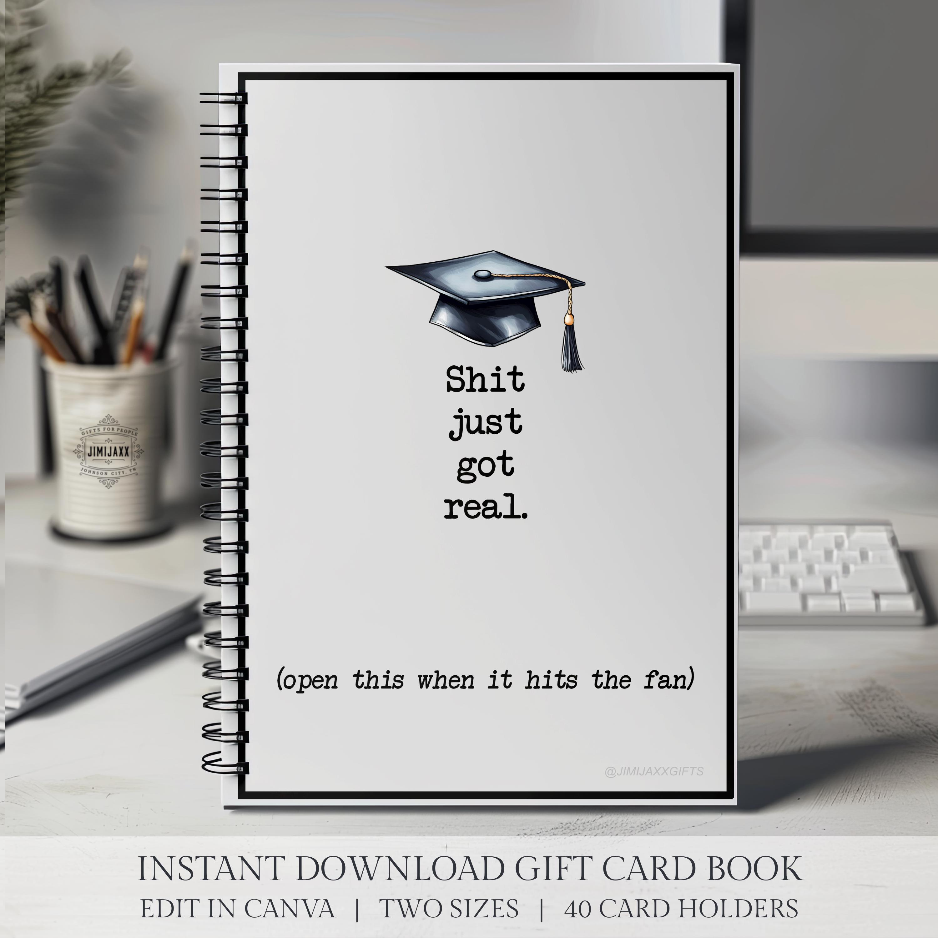 Graduation Gift Card Book, Shit Just Got Real Open When It Hits The Fan, Printable Gift Card Holders, Instant Download, Editable, Two Sizes