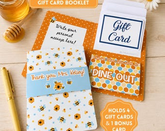 Get Well Soon Care Package, Multiple Gift Card Holder Booklet, Personalized Teacher Appreciation Gifts, Birthday Card, Honeybee Pattern, 5x7