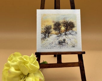 Sheep in Snow at Sunset, signed UNFRAMED PRINT of an Original Dolls-house miniature painting, Made in UK, 1:12th scale, Winter landscape.