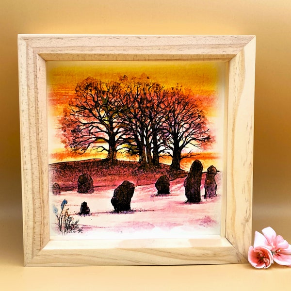 Framed print with hand drawn ink detail, Avebury Standing Stones at Sunset, artist signed, OOAK, UK made/sold, from my original watercolour.