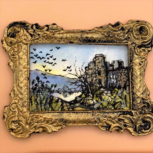 Miniature Painting, Halloween dusk, Tiny hand painted original,  'Dolls House' 1:12 scale, Gothic landscape, Castle, lake, UK maker/seller.