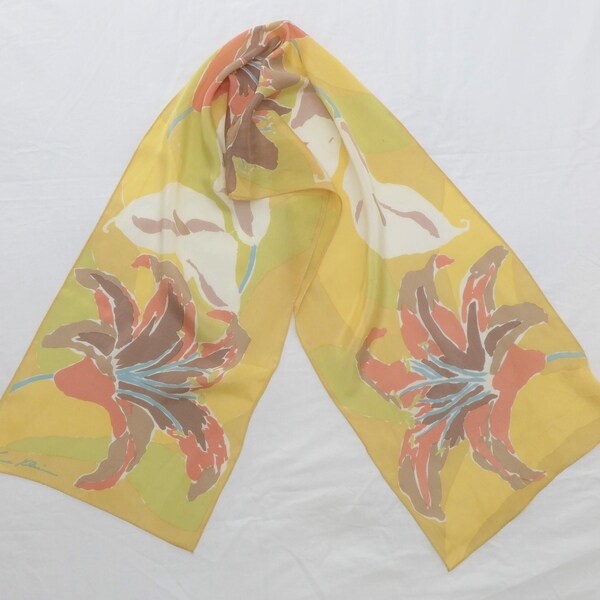 Vintage Anne Klein for Vera Silk Semi Sheer Gold Pastel Abstract Floral Made in Japan Long Designer Fashion Scarf, FREE SHIPPING