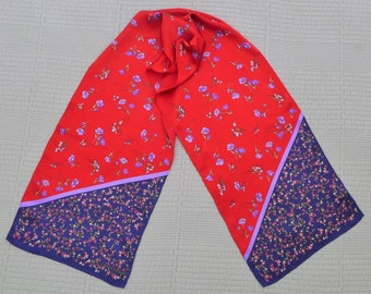 Vintage Laura Ashley Silk Red Blue Purple Floral Long Rolled Hem Designer Fashion Scarf, FREE SHIPPING