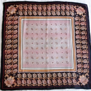 Vintage K Brand Sheer Silk Silver Black Bronze Pink Striped Paisley Floral Hand Rolled Hem Square Designer Fashion Silk Scarf, FREE SHIPPING