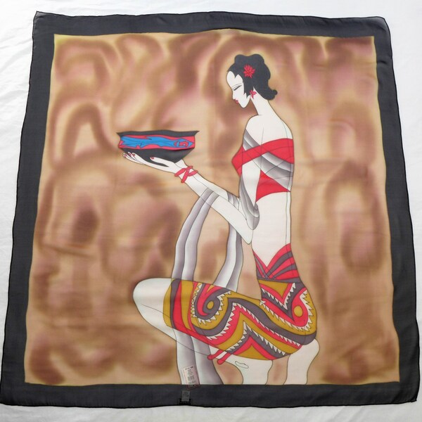 Vintage Chico's Silk Chiffon Multi Color Extra Large Exotic Motif Rolled Hem Square Designer Fashion Scarf, FREE SHIPPING