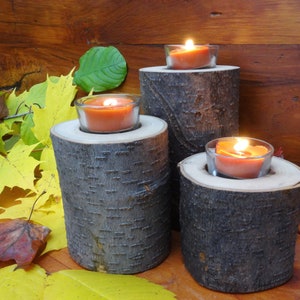 Set of Three Log Candle Holders - All Natural Wood - Votive Candle Holders