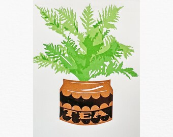 Houseplant print, original A4 linocut print, wall art