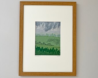 Rainy landscape, original linocut print, wall art