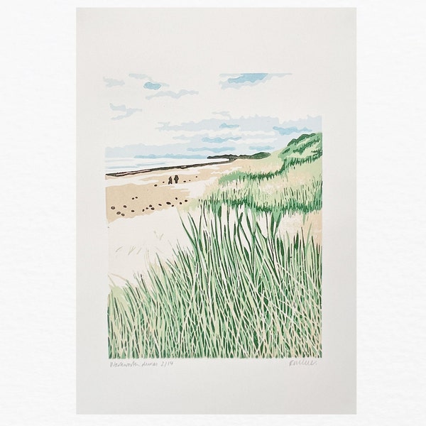 Beach dunes landscape print, original A4 linocut print, landscape print, wall art