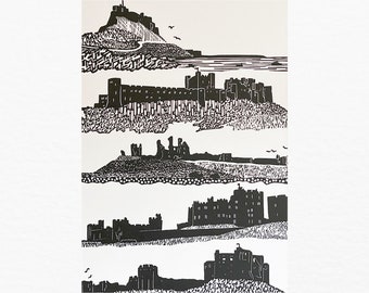 Castles of Northumberland print, original linocut print, wall art