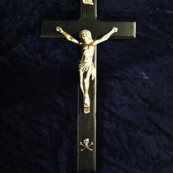 Very Nice Extra Large Heavy Vintage Black Wood and Silver Metal Golgotha Crucifix