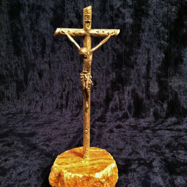 Vintage Free Standing Metal And Marble Crucifix