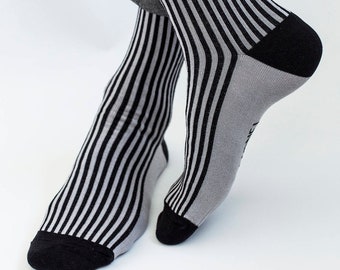 Men's Striped Socks, Grey Socks with Black Stripes, Cotton Socks for Guys, Crazy Boho Wedding Socks for Groom / Groomsmen, Gift for Him