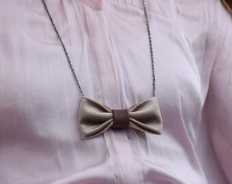 Beige Velvet Bow Tie Necklace, Handmade Elegant Pendant for Women, Luxurious Statement Jewelry, Long Chain Necklace, Gift for Her
