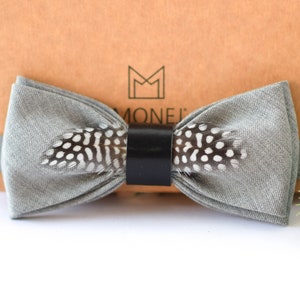 Grey Feather Bow Tie, Boho Wedding Bow Tie with Natural Feathers for Groom Groomsmen, Pre Tied Solid Rustic Bowtie