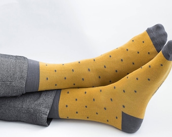 Men's Mustard Yellow Socks with Dots, Crazy Cool Wedding Socks for Groom / Groomsmen, Yellow & Grey Socks, Gift for Dad, Husband, Boyfriend