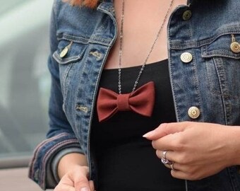 Burgundy Red Leather Bow Tie Necklace, Handmade Pendant for Women, Boho Statement Jewelry, Unique Gift for Her, Wine Red Leather Bow