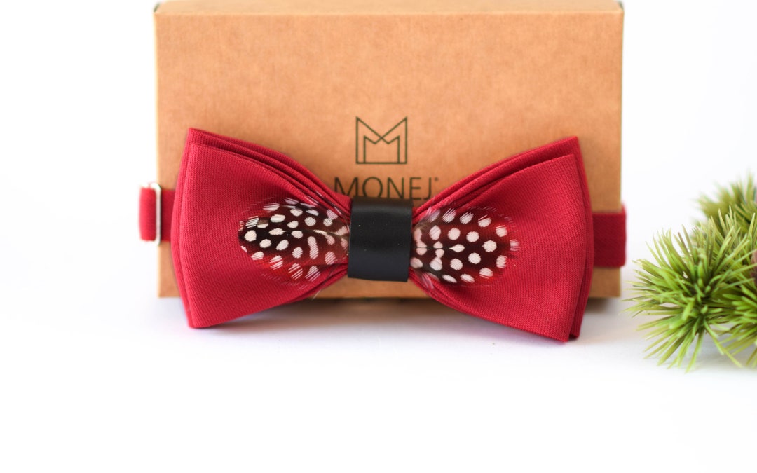 Men Bow Tie With Feather, Solid Red Bow Tie for Groom Groomsmen, Ready