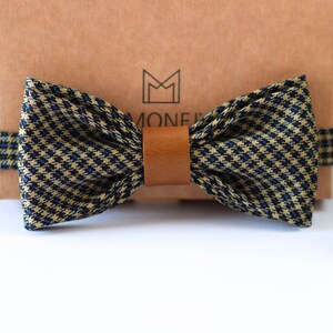 Checkered Bow Tie for Men, Houndstooth Bow Tie for Groom Groomsmen, Blue Send Checked Wedding Bowtie, Gift for Men Boy