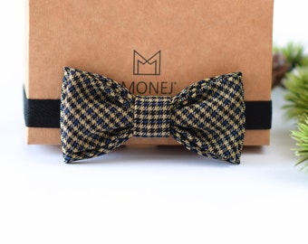Handmade Checkered Tartan Bow Tie for Boy, Half Wool & Genuine Leather Bowtie, Elegant Wedding Bow Tie, Flower Boy