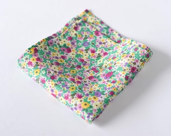 Blooming Floral Linen Pocket Square for Men, Liberty Style Flower Print Hanky, Groom Wedding Pocket Square, Spring Handkerchief