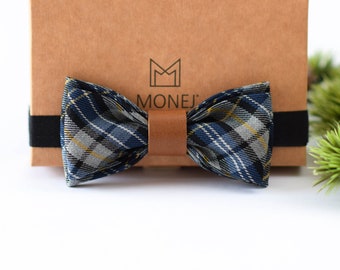 Blue Tartan Bow Tie for Boy, Handmade Half Wool & Genuine Leather Bowtie, Country Wedding, Groom, Groomsmen, Flower Boy, Back to School