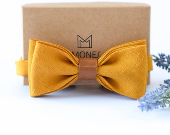 Mustard Yellow Linen Bow Tie, Dirty Yellow Man's Bowtie for Rustic Wedding for Groom and Groomsmen, Dusty Yellow Bow Tie