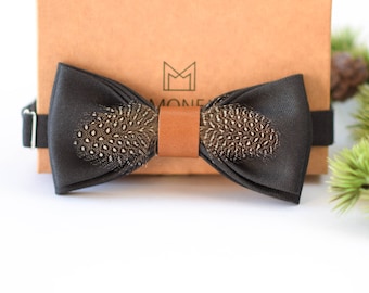 Grey Feather Bow Tie for Men, Handmade Boho Modern Bowtie, Wedding Bow Tie for Groom, Groomsmen Gift, Christmas Gift