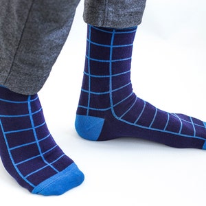 May include: A pair of blue and dark blue socks with a grid pattern. The socks are worn on a person's feet.