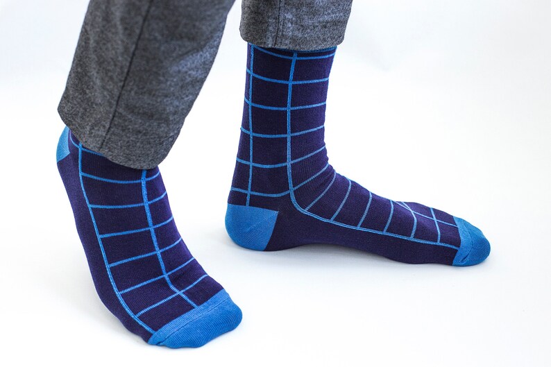 May include: A pair of blue and dark blue socks with a grid pattern. The socks are worn on a person's feet.
