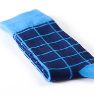 Navy Blue Checkered Socks for Men / Guys, Cool Socks for Wedding, Cotton Half Calf Socks for Groom, Birthday, Christmas, Business Gift image 2