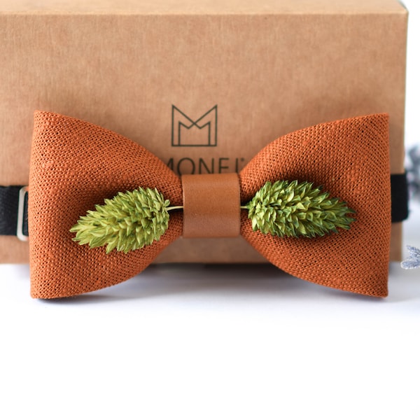 Rust Jute Linen Bow Tie with Dried Plants, Terracotta Burlap Bow Tie for Men, Bow Tie Boutonniere Set for Rustic Boho Wedding