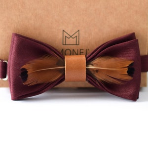 Feather Bow Tie, Maroon Country Wedding Bow Tie for Groom Groomsmen, Boho Pre Tied Bowtie, Father Day Gift, Birthday Gift for Him