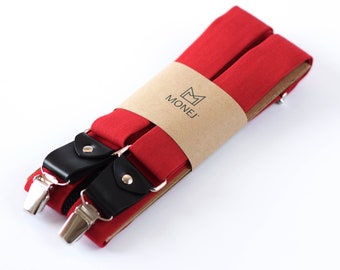 Red Suspenders for Men, Christmas Wedding Groomsmen Braces, Leather-Trim Y-Back Fabric Suspenders, Classic Red Trouser Braces, Gift for Him